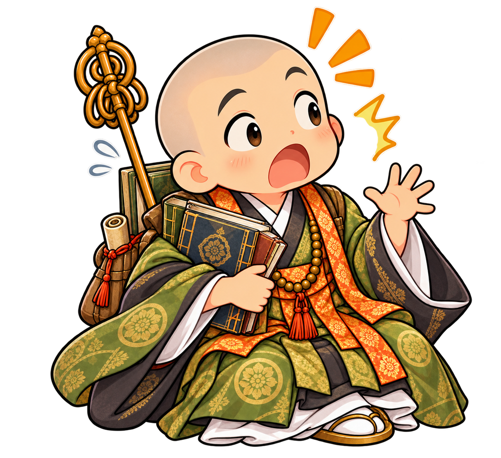 大きく目と口を開き、片手を上げて驚く最澄さんのキャラクター。僧衣をまとい、書物を抱えたかわいいお坊さんのイラスト。背景透明。