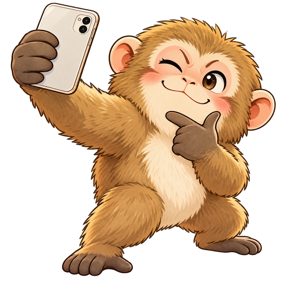スマートフォンを片手に持ち、ウインクしながら得意げに自撮りする茶色い猿のイラスト。背景透明。