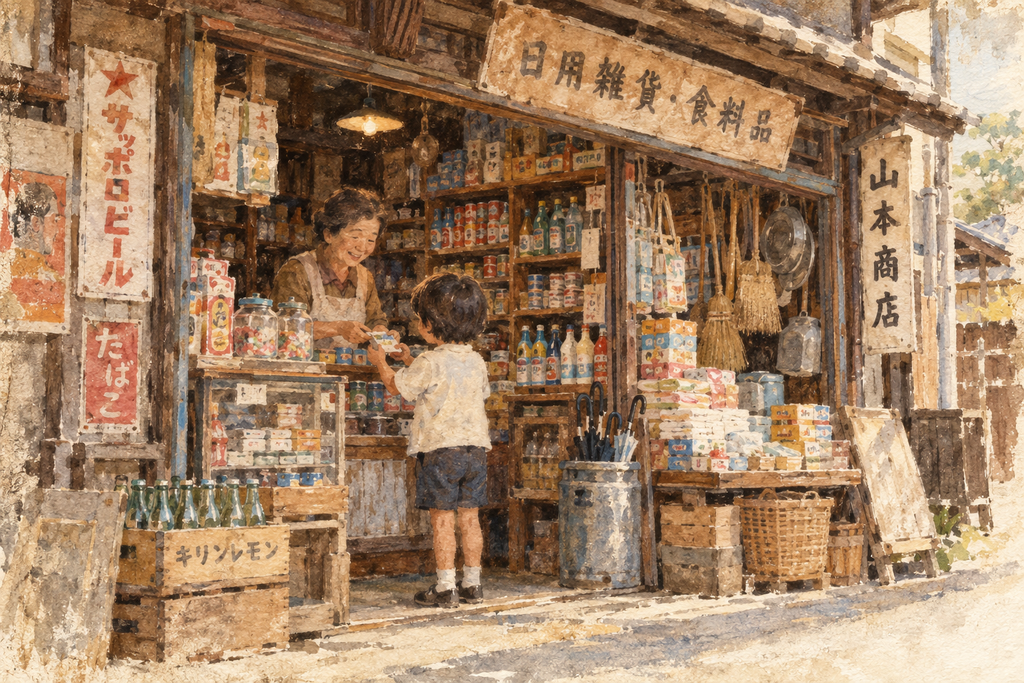 日用品や食料品が並ぶ昭和の何でも屋さんで買い物をする子どもの水彩画風イラスト