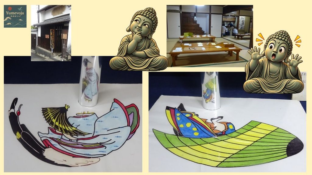 奈良町からくりおもちゃ館の町家風の外観と館内、絵が動いて見える昔のおもちゃ、大仏キャラクターを組み合わせたコラージュ