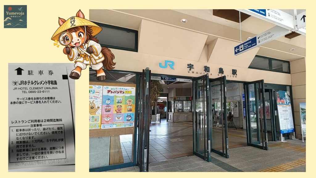 Collage of Uwajima Station, parking information for JR Hotel Clement Uwajima, and a horse pilgrim illustration